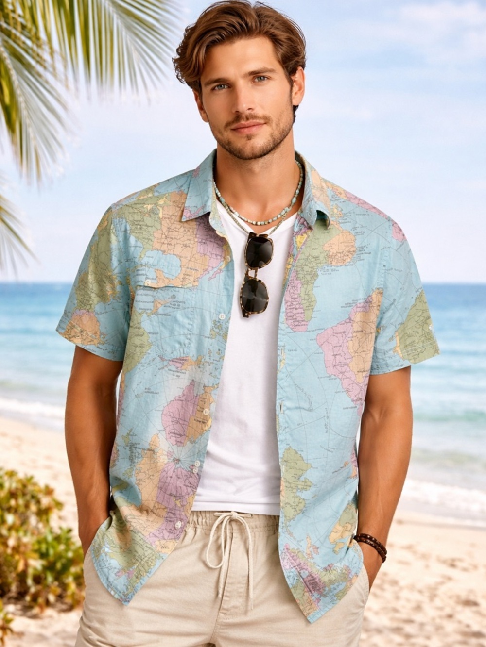 World Map Print Shirt Button Up Travel Novelty‎ Graphic Short Sleeve Men's M